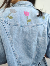 Load image into Gallery viewer, The Bianca Maria Caselli Embroidery Denim Jacket | Vintage 80s rare tulip flower floral rhine stones embroidered light blue jeans crop short jacket women S