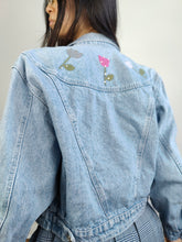 Load image into Gallery viewer, The Bianca Maria Caselli Embroidery Denim Jacket | Vintage 80s rare tulip flower floral rhine stones embroidered light blue jeans crop short jacket women S