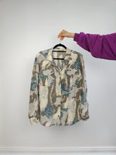 Load image into Gallery viewer, The Silk Floral Brown Beige Pattern Blouse | Vintage 100% silk Le Mie Camicie gey green flower print long sleeve women button up shirt 46 M