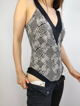 Load image into Gallery viewer, The Swimsuit Black White V Print | Vintage second hand monochrome pattern bathing swim wear body low back top M