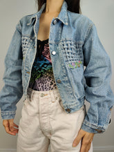 Load image into Gallery viewer, The Checker Flower Embroidery Denim Jacket | Vintage 80s floral checker embroidered light blue jeans crop short women S