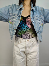 Load image into Gallery viewer, The Checker Flower Embroidery Denim Jacket | Vintage 80s floral checker embroidered light blue jeans crop short women S