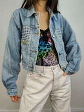 Load image into Gallery viewer, The Checker Flower Embroidery Denim Jacket | Vintage 80s floral checker embroidered light blue jeans crop short women S