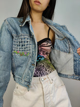 Load image into Gallery viewer, The Checker Flower Embroidery Denim Jacket | Vintage 80s floral checker embroidered light blue jeans crop short women S