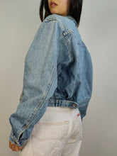 Load image into Gallery viewer, The Checker Flower Embroidery Denim Jacket | Vintage 80s floral checker embroidered light blue jeans crop short women S