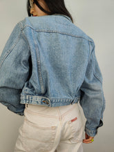 Load image into Gallery viewer, The Checker Flower Embroidery Denim Jacket | Vintage 80s floral checker embroidered light blue jeans crop short women S