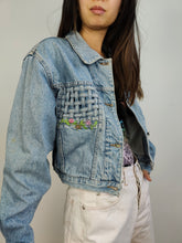 Load image into Gallery viewer, The Checker Flower Embroidery Denim Jacket | Vintage 80s floral checker embroidered light blue jeans crop short women S