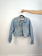 Load image into Gallery viewer, The Checker Flower Embroidery Denim Jacket | Vintage 80s floral checker embroidered light blue jeans crop short women S