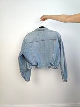 Load image into Gallery viewer, The Checker Flower Embroidery Denim Jacket | Vintage 80s floral checker embroidered light blue jeans crop short women S