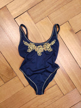 Load image into Gallery viewer, The Swimming Suit Blue Gold Embroidery | Vintage second hand bathing swim wear body top made in Italy XS