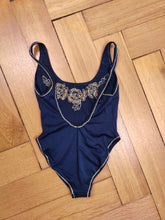 Load image into Gallery viewer, The Swimming Suit Blue Gold Embroidery | Vintage second hand bathing swim wear body top made in Italy XS