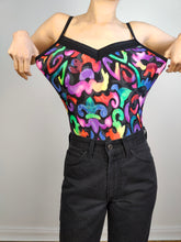 Load image into Gallery viewer, The Swimming Suit Rainbow Leopard Pattern | Vintage second hand bathing swim wear body top Bluepoint print black pink made in Greece DE40 US12 M