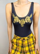 Load image into Gallery viewer, The Swimming Suit Blue Gold Embroidery | Vintage second hand bathing swim wear body top made in Italy XS