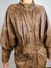 Load image into Gallery viewer, The Nappa Brown Pattern Leather Jacket | 80s Vintage genuine leather oversized batwing big sleeves midi coat made in Italy M

