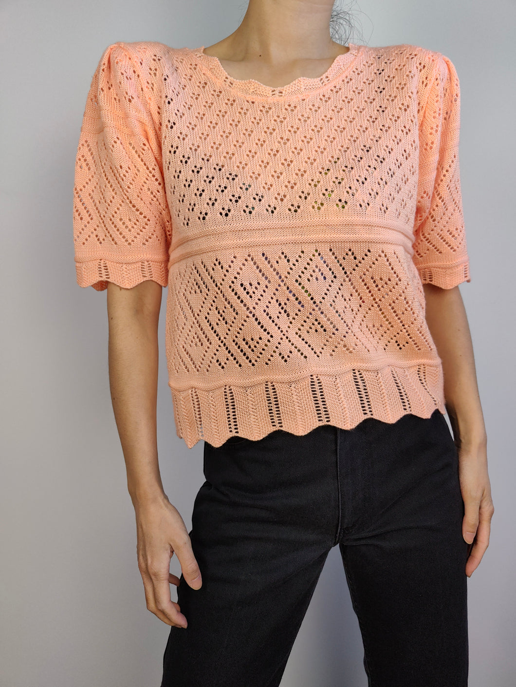 The Peach Crochet Knit Top | Vintage orange pink sweater jumper plain women summer spring M