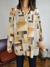 Load image into Gallery viewer, Vintage blouse beige cream squares print pattern Biaggini women M