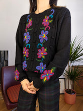 Load image into Gallery viewer, Vintage 100% wool sweater flower floral embroidery black winter knit knitted pullover jumper S