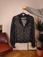 Load image into Gallery viewer, Vintage blouse peacock black sheer transparant ruffles animal print pattern women S-M