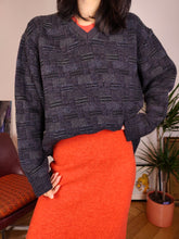 Load image into Gallery viewer, Vintage sweater structural knit purple black pattern fall winter knitted pullover jumper V neck unisex men M