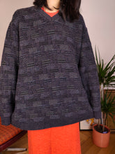 Load image into Gallery viewer, Vintage sweater structural knit purple black pattern fall winter knitted pullover jumper V neck unisex men M