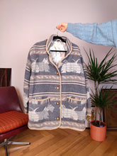 Load image into Gallery viewer, Vintage wool blend dog pattern coat warm jacket doggy animal autumn winter grey navajo L