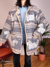 Load image into Gallery viewer, Vintage wool blend dog pattern coat warm jacket doggy animal autumn winter grey navajo L