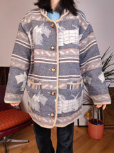 Load image into Gallery viewer, Vintage wool blend dog pattern coat warm jacket doggy animal autumn winter grey navajo L
