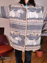 Load image into Gallery viewer, Vintage wool blend dog pattern coat warm jacket doggy animal autumn winter grey navajo L