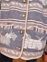 Load image into Gallery viewer, Vintage wool blend dog pattern coat warm jacket doggy animal autumn winter grey navajo L