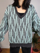 Load image into Gallery viewer, Vintage Benetton Shetland pure new wool sweater knit grey blue pattern fall winter knitted pullover jumper V neck M
