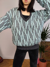 Load image into Gallery viewer, Vintage Benetton Shetland pure new wool sweater knit grey blue pattern fall winter knitted pullover jumper V neck M