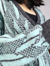 Load image into Gallery viewer, Vintage Benetton Shetland pure new wool sweater knit grey blue pattern fall winter knitted pullover jumper V neck M