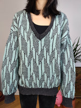 Load image into Gallery viewer, Vintage Benetton Shetland pure new wool sweater knit grey blue pattern fall winter knitted pullover jumper V neck M