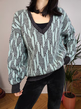 Load image into Gallery viewer, Vintage Benetton Shetland pure new wool sweater knit grey blue pattern fall winter knitted pullover jumper V neck M