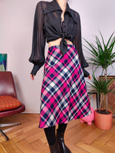 Load image into Gallery viewer, Vintage wool plaid skirt tartan check checker pink white pattern midi long XS