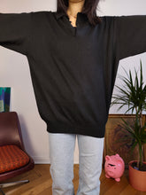Load image into Gallery viewer, Vintage Merino wool mix knit polo sweater black plain knitted pullover jumper unisex men XL