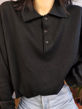 Load image into Gallery viewer, Vintage Merino wool mix knit polo sweater black plain knitted pullover jumper unisex men XL