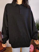 Load image into Gallery viewer, Vintage Merino wool mix knit polo sweater black plain knitted pullover jumper unisex men XL