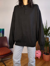 Load image into Gallery viewer, Vintage Merino wool mix knit polo sweater black plain knitted pullover jumper unisex men XL