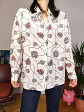 Load image into Gallery viewer, Vintage silk shirt white nautical baroque print pattern white button up long sleeve blouse women M