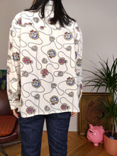 Load image into Gallery viewer, Vintage silk shirt white nautical baroque print pattern white button up long sleeve blouse women M