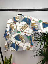 Load image into Gallery viewer, Vintage blouse white baroque equestrian chains print pattern button up long sleeve shirt women S