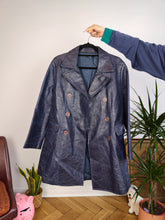 Load image into Gallery viewer, Vintage faux leather coat blue trench jacket double breasted button women S-M