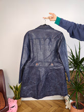Load image into Gallery viewer, Vintage faux leather coat blue trench jacket double breasted button women S-M