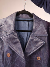 Load image into Gallery viewer, Vintage faux leather coat blue trench jacket double breasted button women S-M