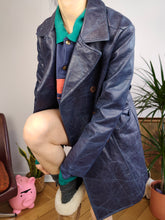 Load image into Gallery viewer, Vintage faux leather coat blue trench jacket double breasted button women S-M