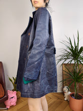 Load image into Gallery viewer, Vintage faux leather coat blue trench jacket double breasted button women S-M