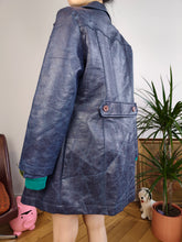 Load image into Gallery viewer, Vintage faux leather coat blue trench jacket double breasted button women S-M