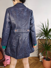 Load image into Gallery viewer, Vintage faux leather coat blue trench jacket double breasted button women S-M