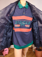 Load image into Gallery viewer, Vintage faux leather coat blue trench jacket double breasted button women S-M